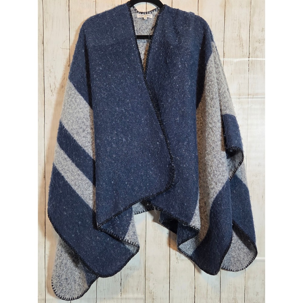 Woven Heart Poncho Wrap One Size Blue Gray Striped Open Front WH1033